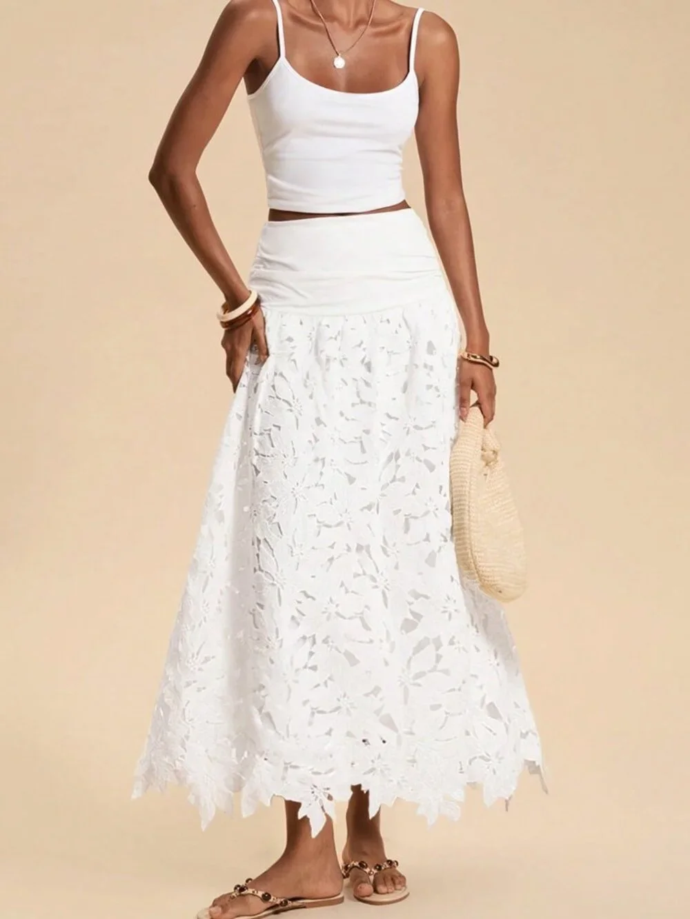 White Boho Women's French Vacation Lace Patchwork Pleated Skirt